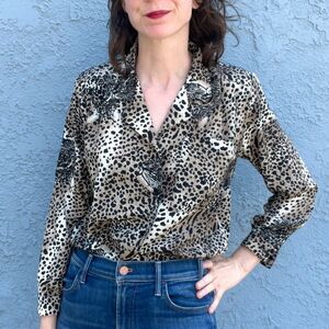 Vintage Cheetah Print Blouse Size petite large or medium 90s office siren top